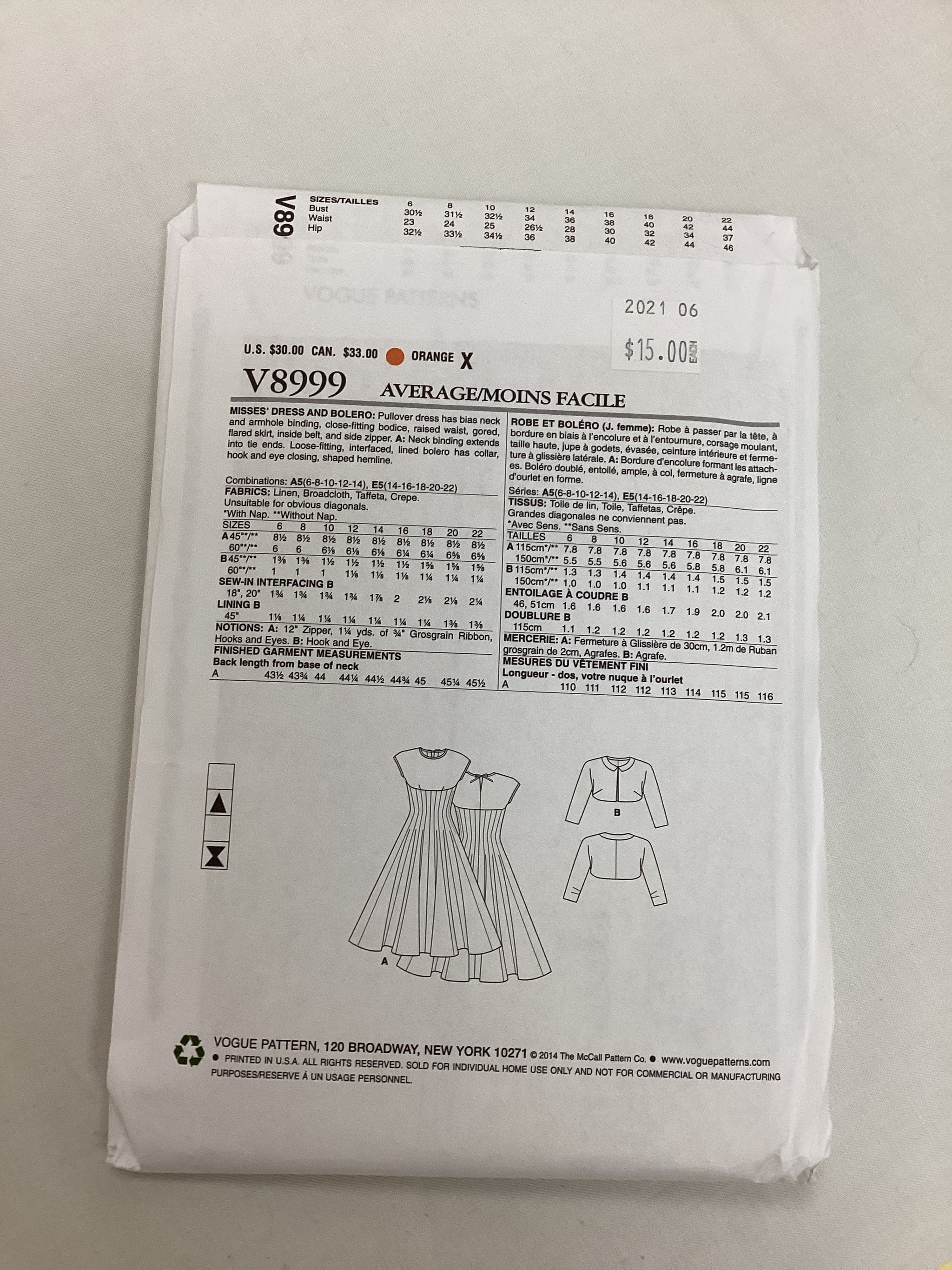 1954 Vintage Vogue Pattern - V8999 – Esthersfabrics