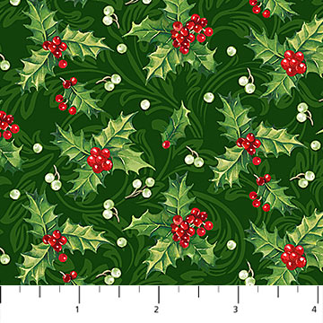 Northcott Yuletide Holly in Green Multi – Esthersfabrics