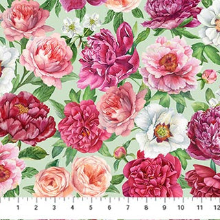 Northcott Blush Packed Flowers in Green Multi