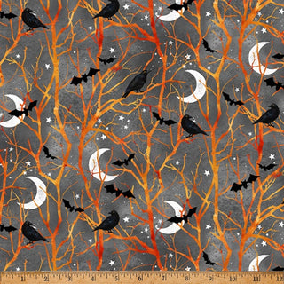 Hoffman Fabrics Into the Web Crows in Trees in Grey 5343-48
