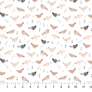 Figo Fabrics Wild West Chickens on White